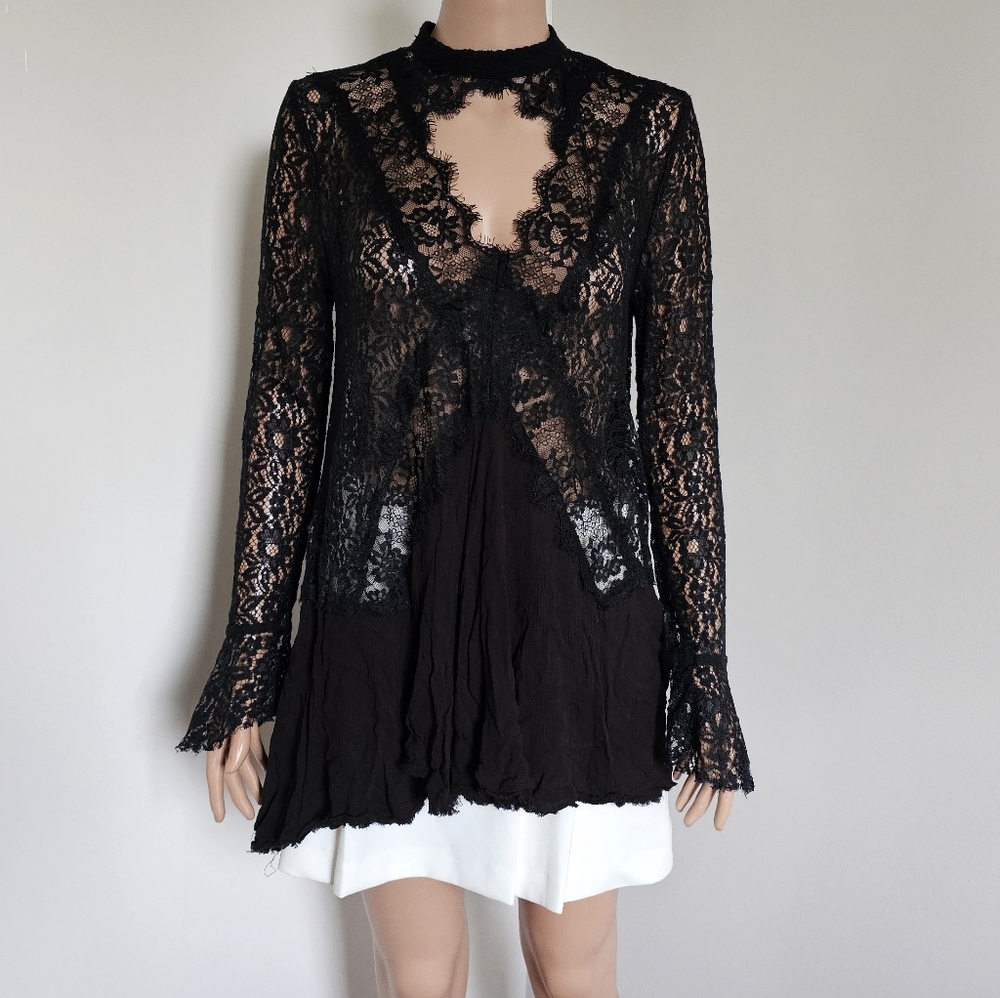 Free People Tell Tale Tunic Lace Dress Black Med - Picture 7 of 11